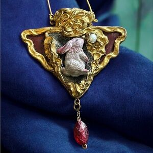 Artisan Polymer Clay Art Nouveau Rabbit Freshwater Pearl Brass Chain Necklace
